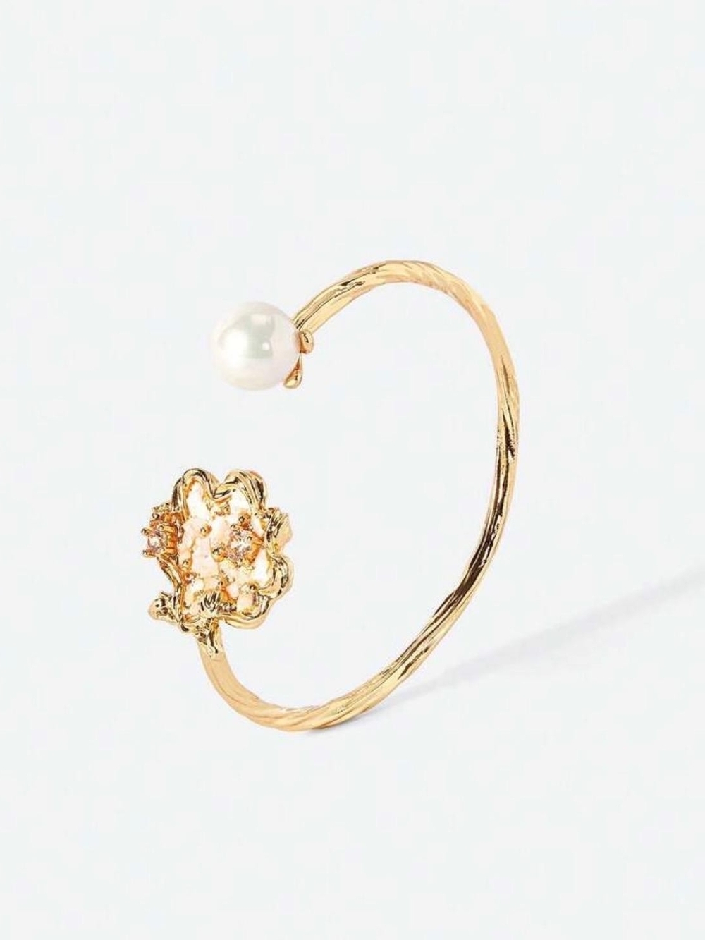 Gold Open Cuff Bracelet with White Pearl & Floral Accent - Picture 2 of 6